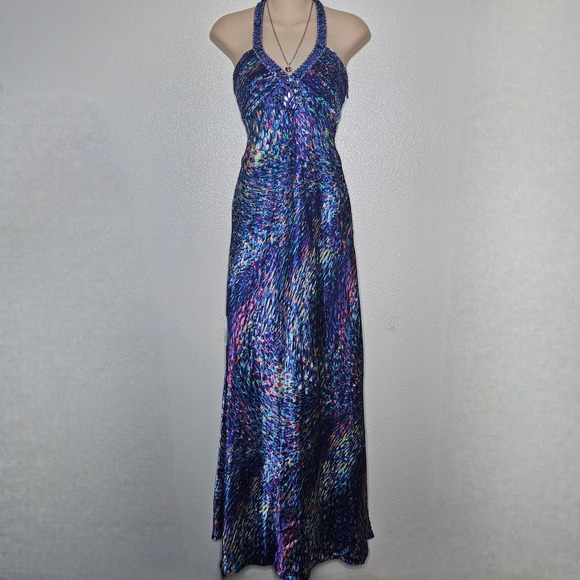 Morgan & Co Beaded Halter Gown Abstract Multicolor Prom Dress